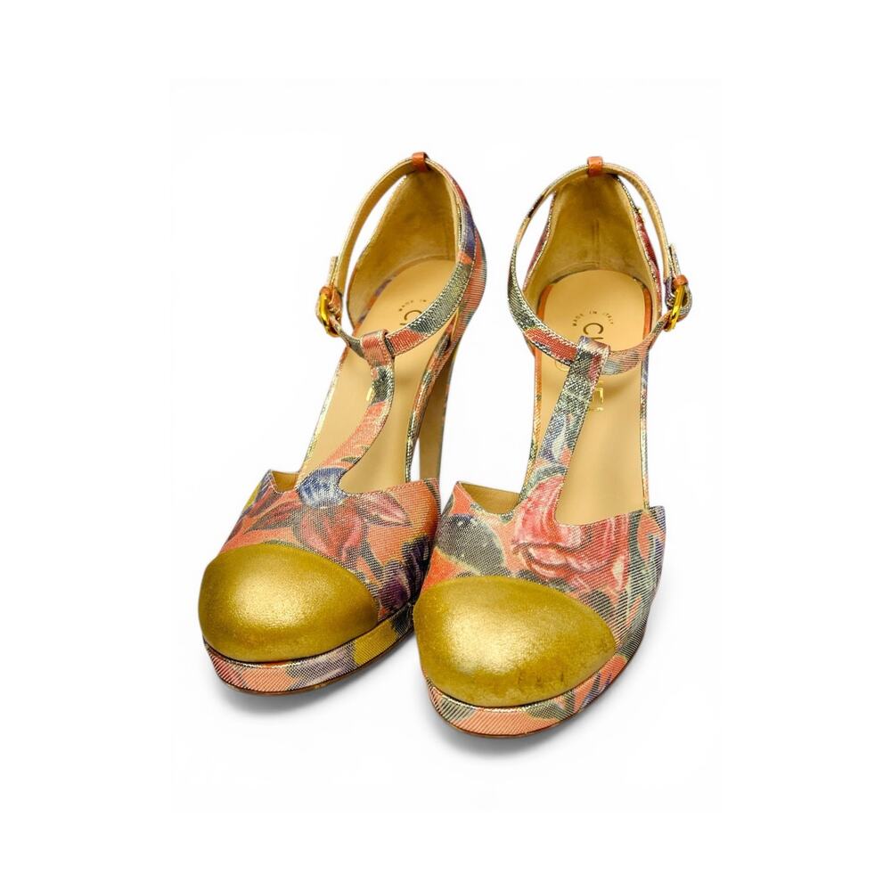 Chanel 2015 Cruise Floral Lamé T Strap Pumps Gold Cap Toe Platform Heels EU 38.5 - Picture 5 of 8